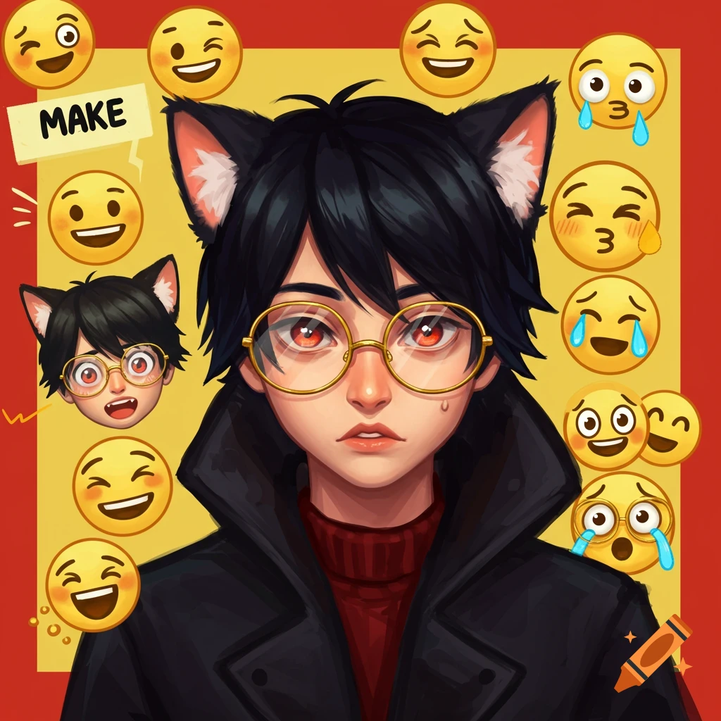 Cartoon illustration of a person with cat ears, glasses, and a coat, surrounded by emojis and a smaller head of the same character.