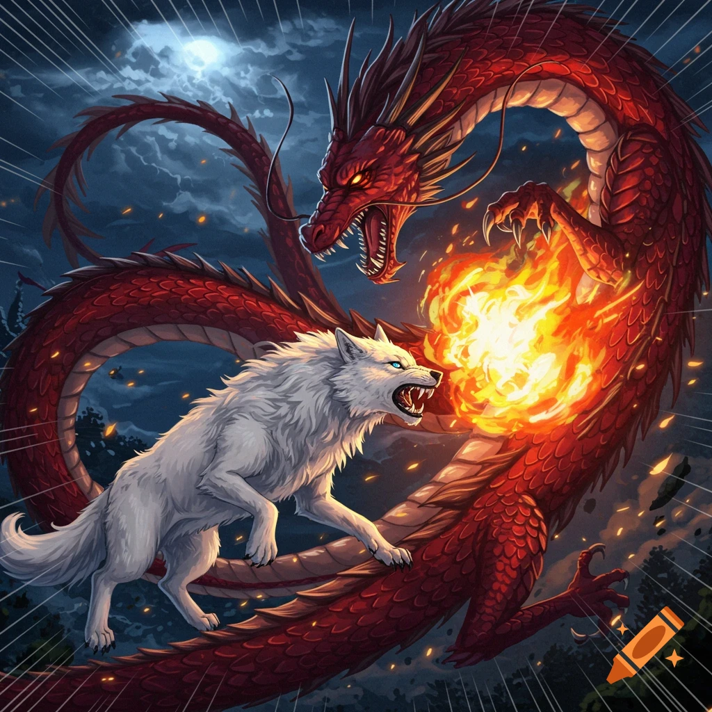 White wolf battling a red dragon breathing fire at night in a dynamic fantasy style.