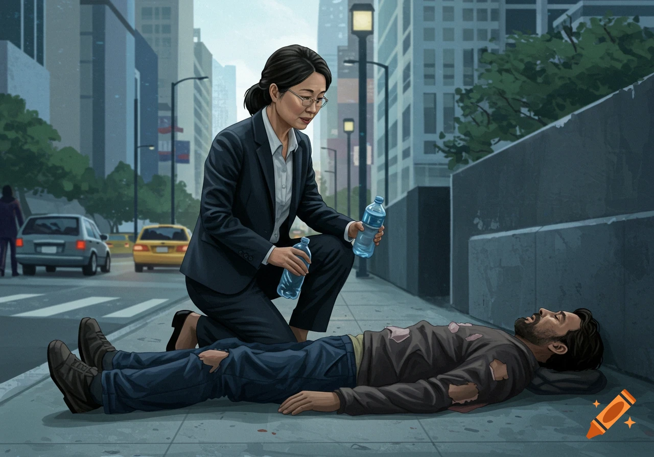 Illustration of a woman in a suit offering water bottles to a homeless man lying on a city sidewalk.