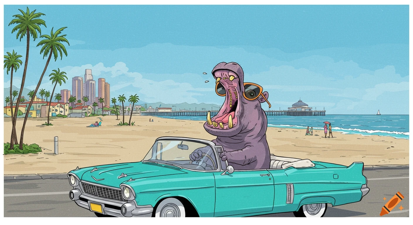 Cartoon hippo in sunglasses driving a teal convertible on a beach road with LA skyline in background