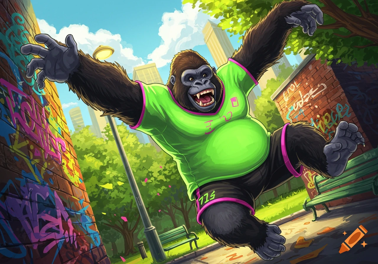 Cartoon gorilla jumps in a park with a graffiti-covered wall.