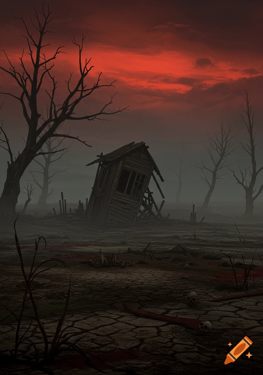 A ruined shack stands in a desolate, cracked landscape with bare trees and skulls under a dark red sky.