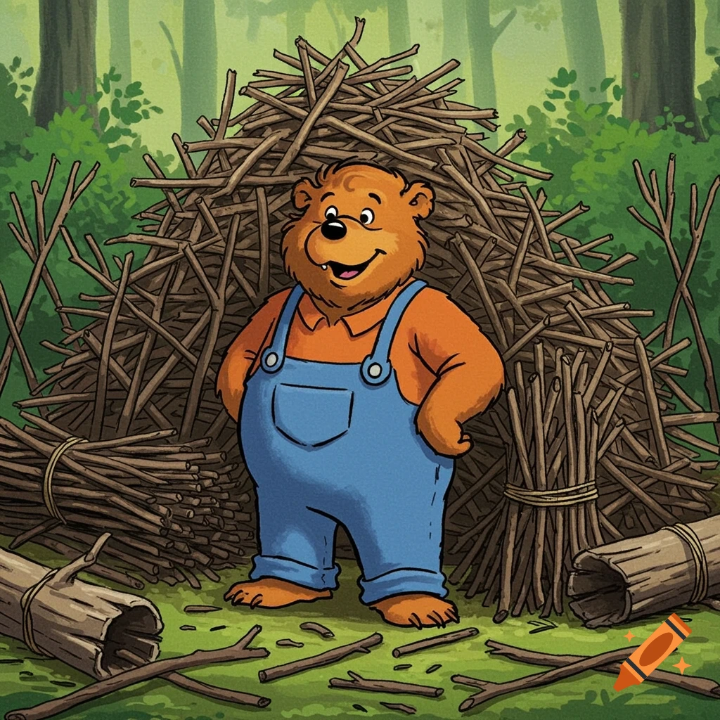Cartoon bear in blue overalls stands in front of a pile of sticks in a forest clearing.