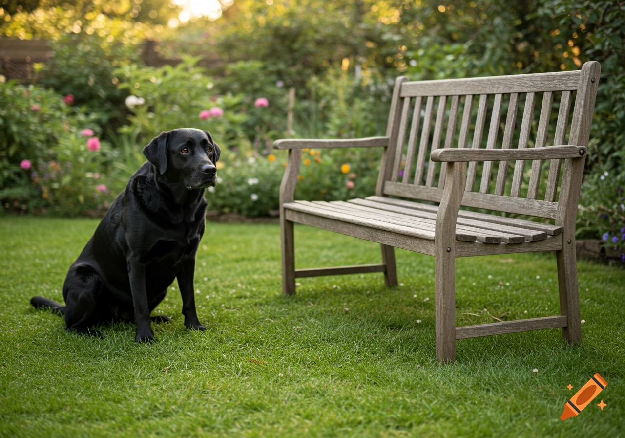 Black labrador sitting on a lawn next to a garden bench.