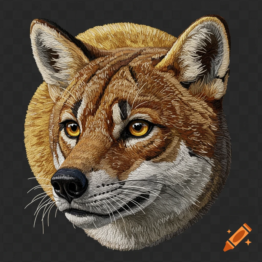 Closeup of a fox head rendered in an embroidery style.