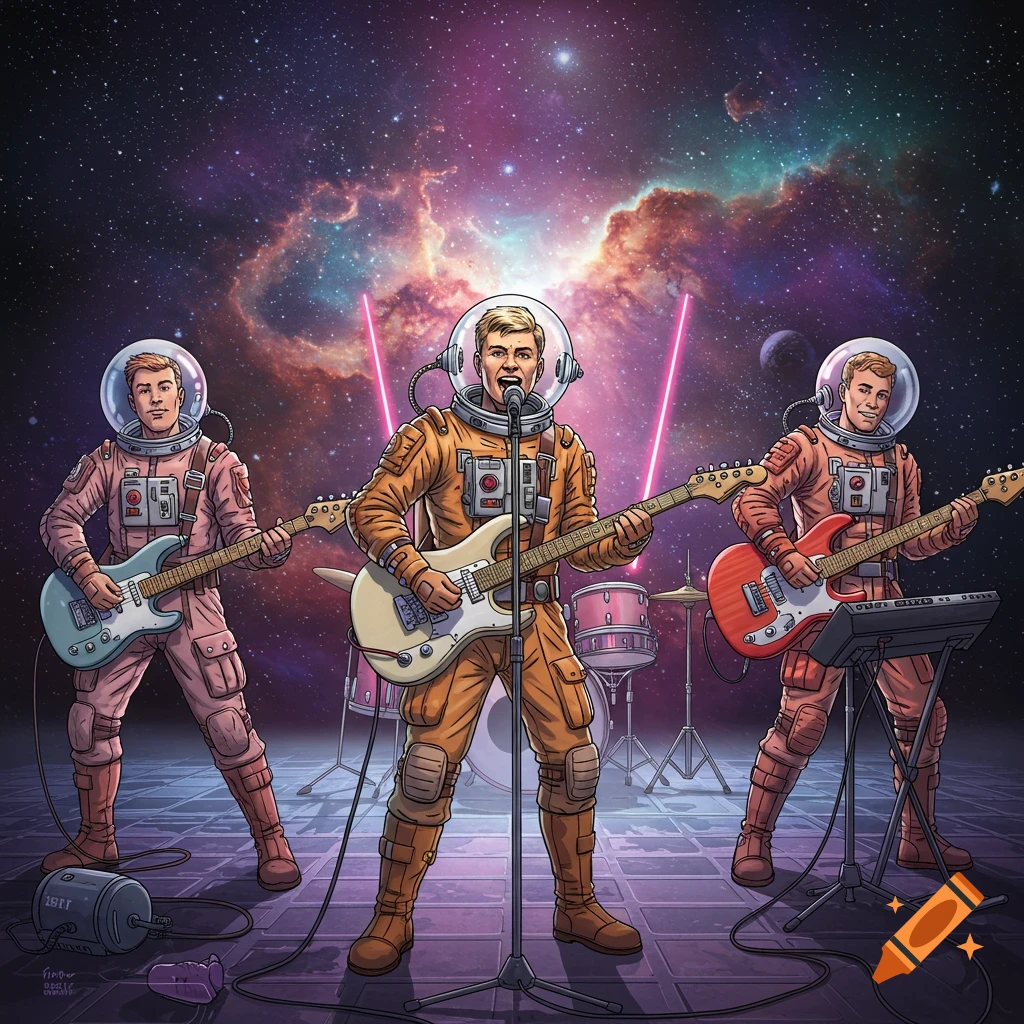 Illustration of three astronauts playing music in space with pink lasers.
