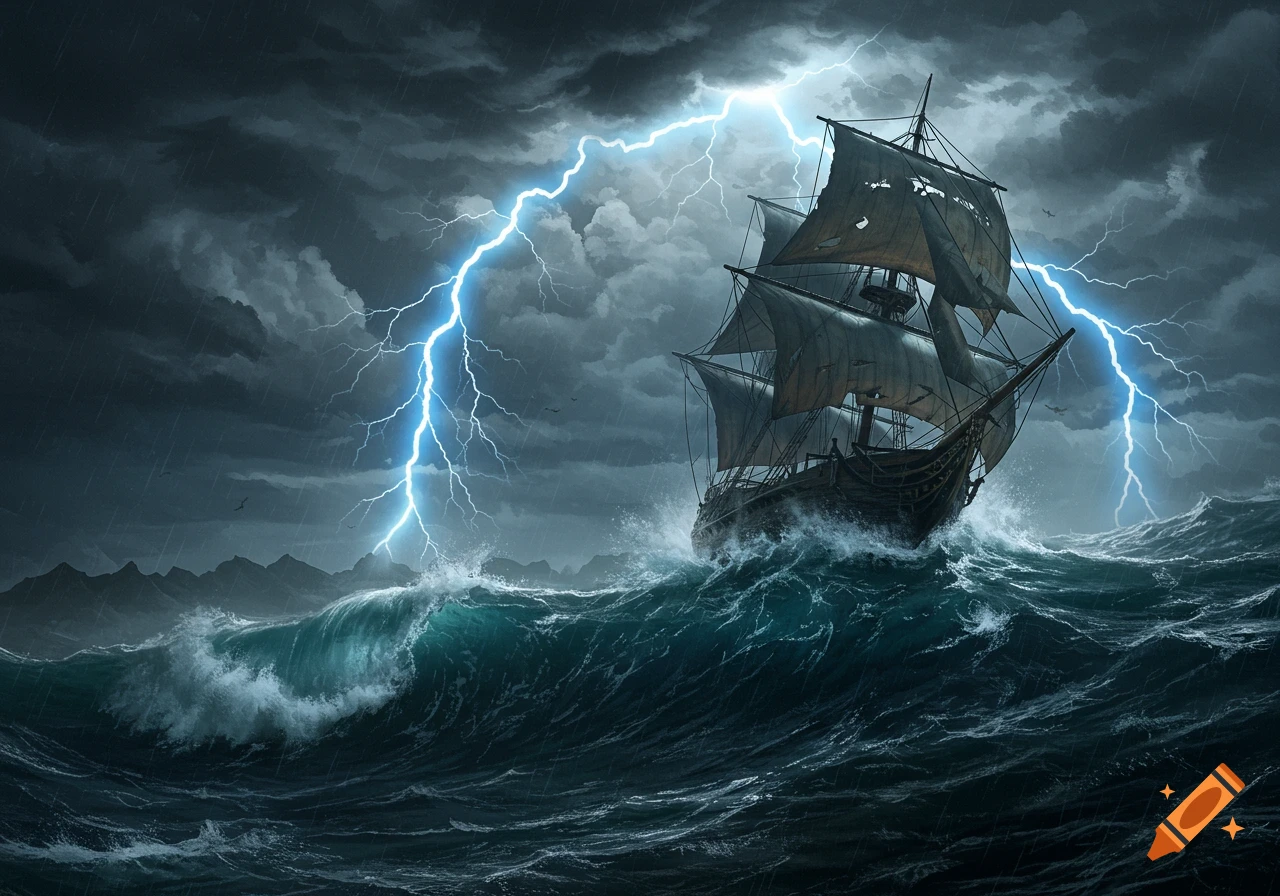 A tall ship rides a large wave in a stormy sea with bright lightning, in a fantasy art style.