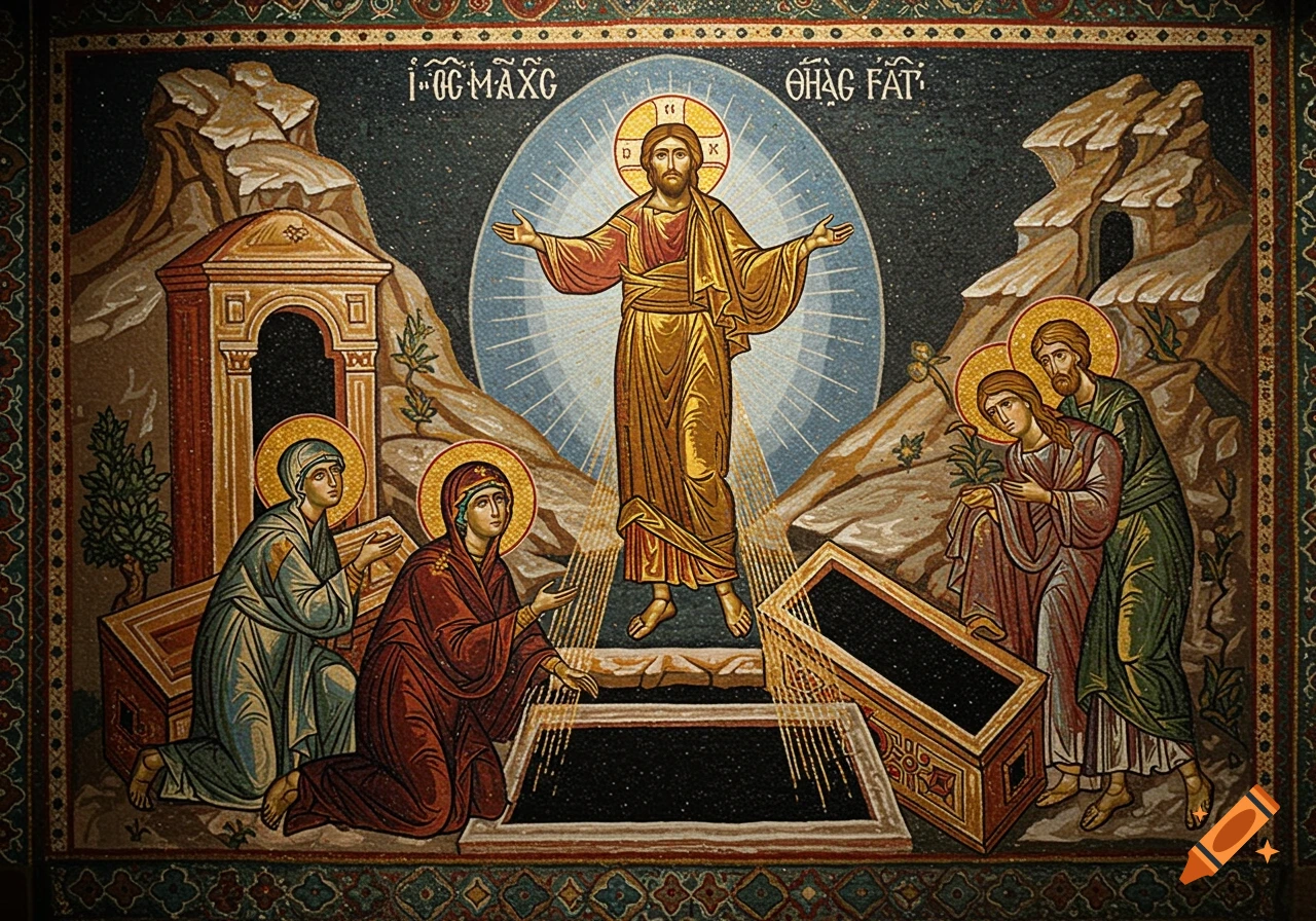 Mosaic of Jesus rising from a tomb with people watching
