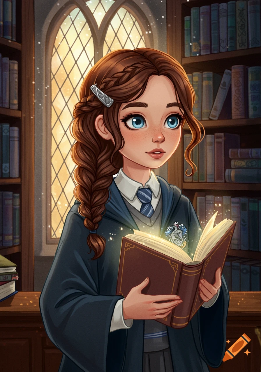 Cartoon girl in Ravenclaw robe holding a glowing book in a library.