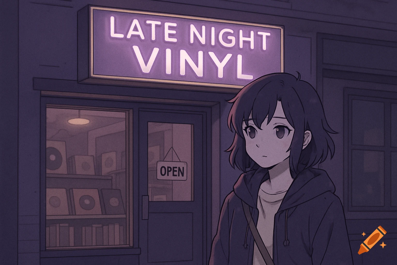 Anime girl stands outside a shop with a neon sign that says 'LATE NIGHT VINYL'. Anime illustration.