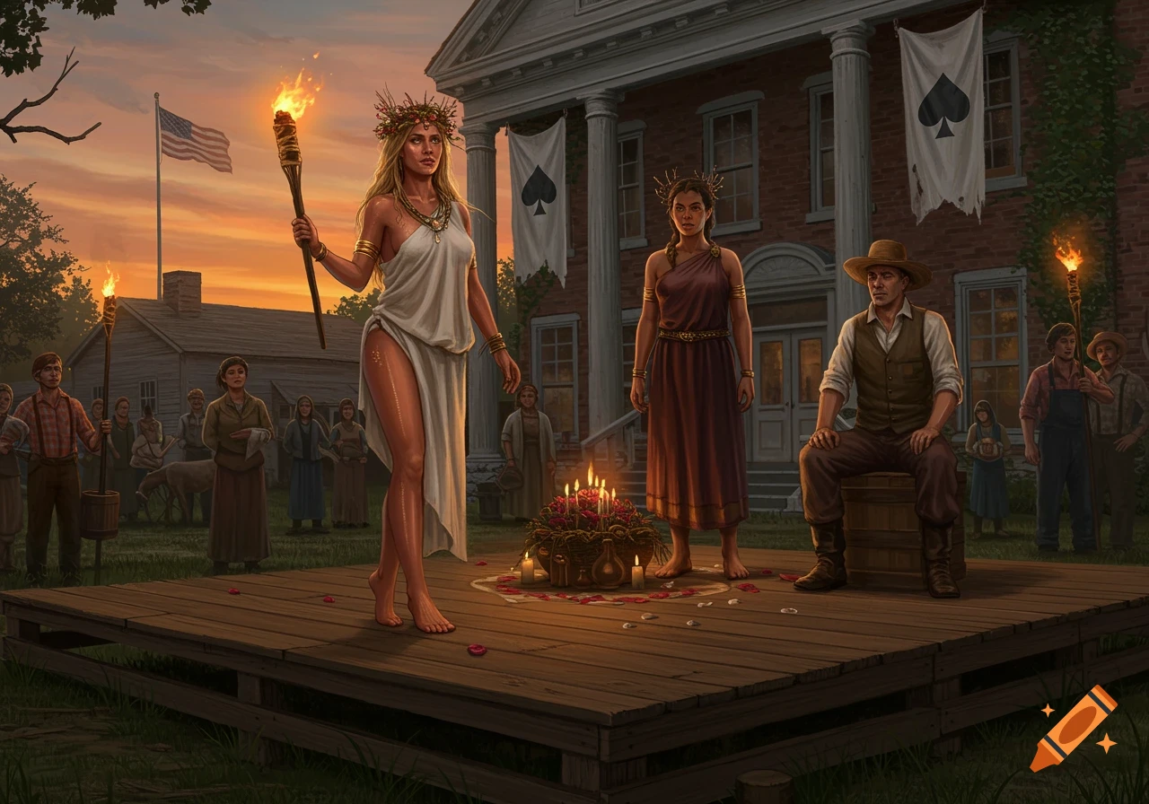 Woman with torch on platform before crowd and building with spade flags at sunset, rural ritual scene.