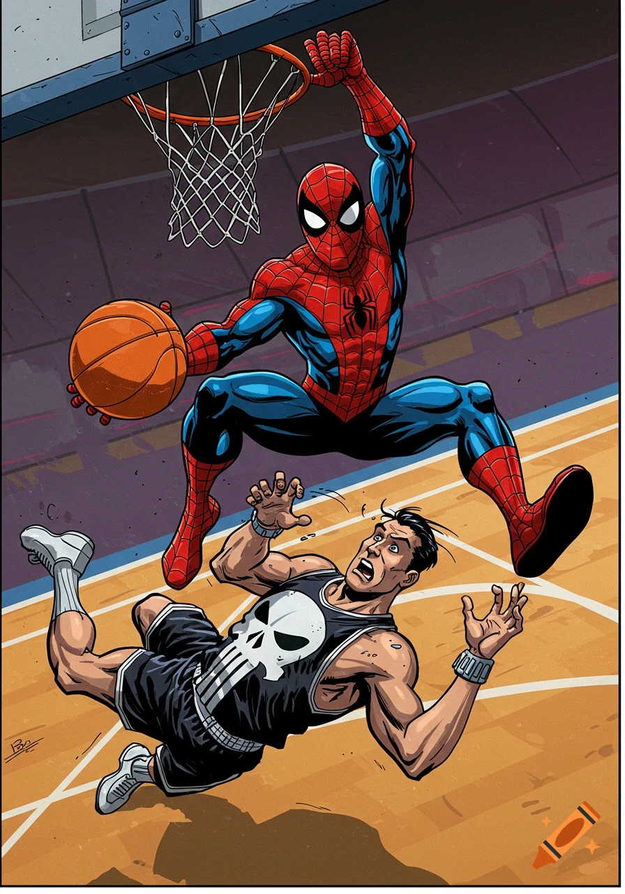 Spider-Man dunks a basketball over a falling Punisher in a comic book style on a court.