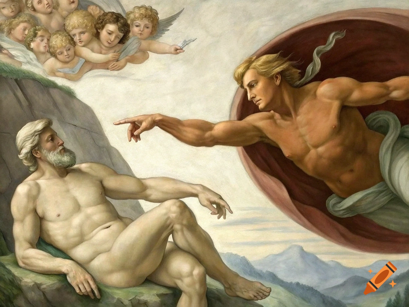 Renaissance style painting of two figures reaching towards each other, one reclining and one flying.