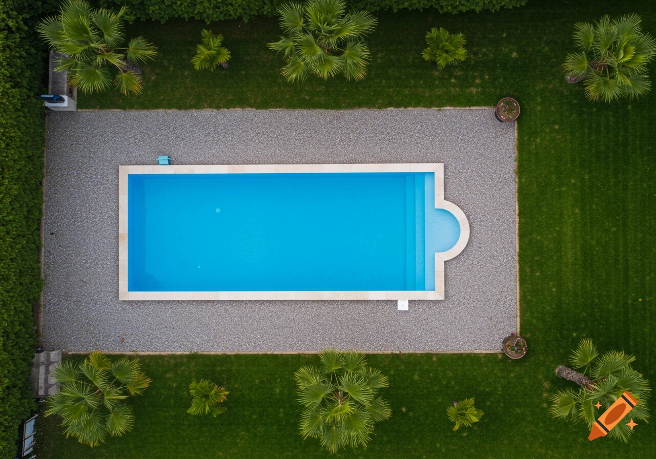 Aerial view of a rectangular pool with a curved section in a gravel patio surrounded by grass and palm trees.