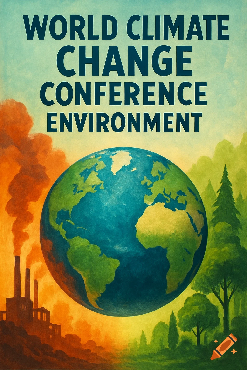 Poster illustration showing the Earth with factories and pollution on one side and trees on the other, with text about climate change conference.