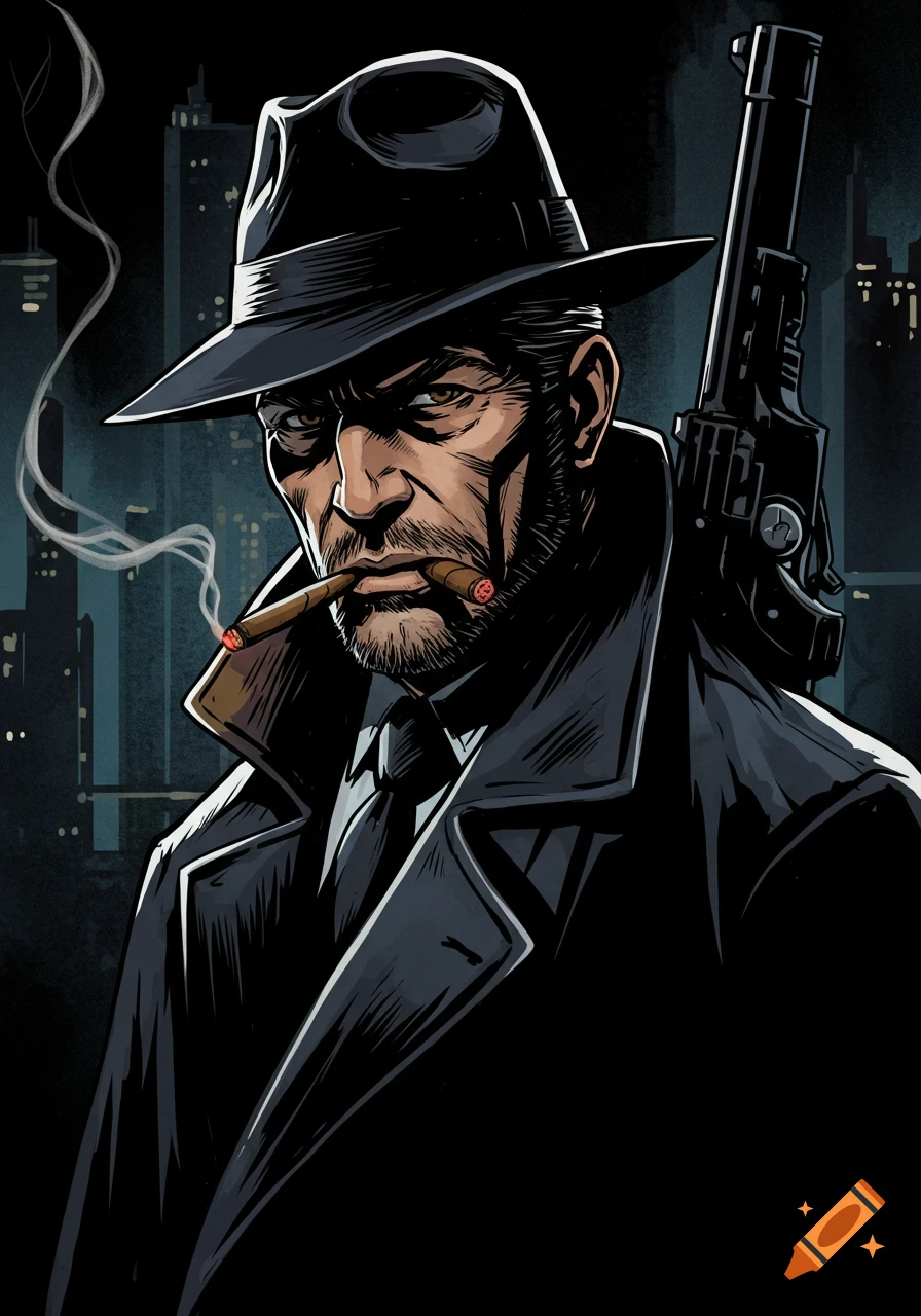Man in hat and trench coat smoking a cigar and holding a rifle in a graphic novel style with a city skyline background.