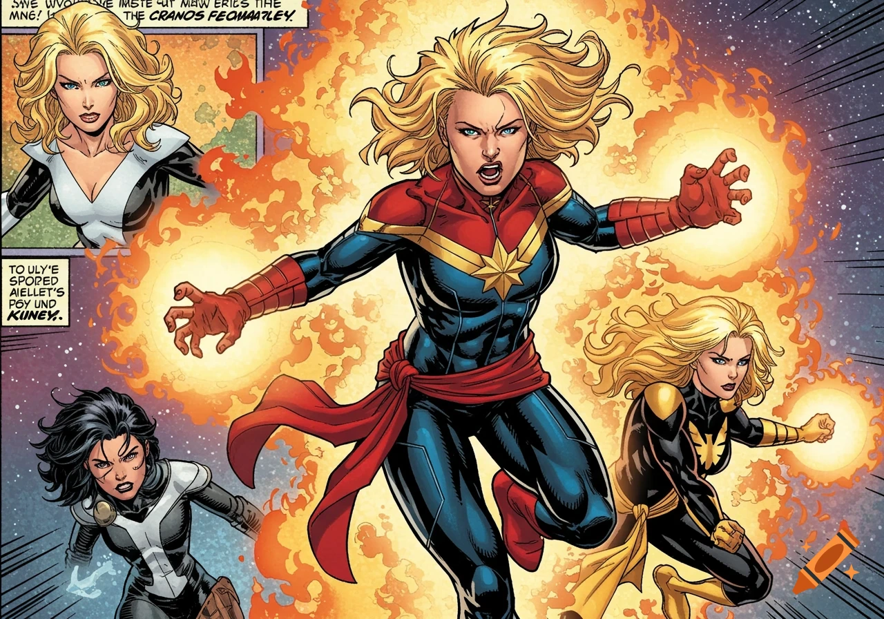 Comic book panel featuring Captain Marvel, Phoenix, Emma Frost, and Laura Kinney powering up with energy effects.