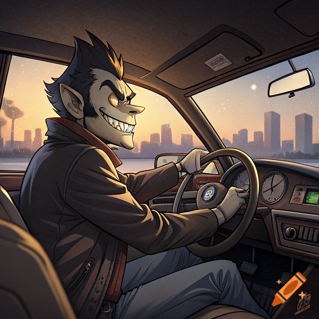A stylized character with sharp teeth drives a car past a city skyline at sunset.