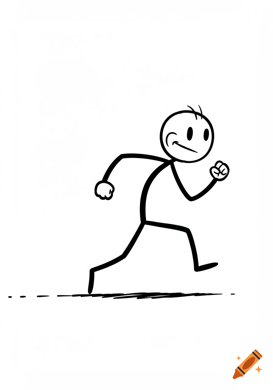 Black and white stick figure running.
