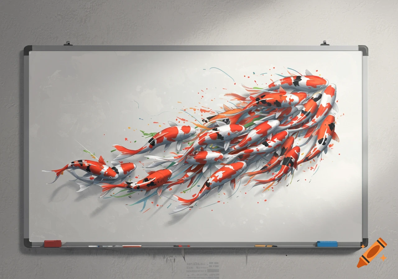 Illustration of red and white koi fish splashing out from a whiteboard.