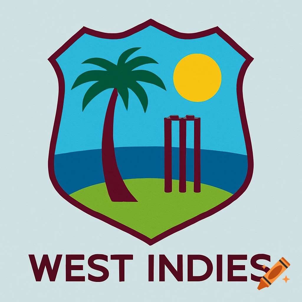 West Indies cricket team logo featuring a palm tree, sun, and cricket wickets inside a shield with the text WEST INDIES below.
