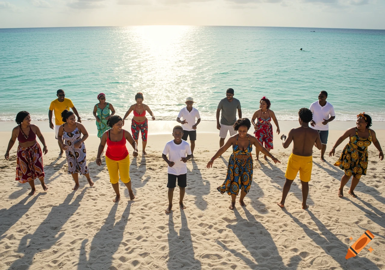 A group of people dancing together on a sunny beach.