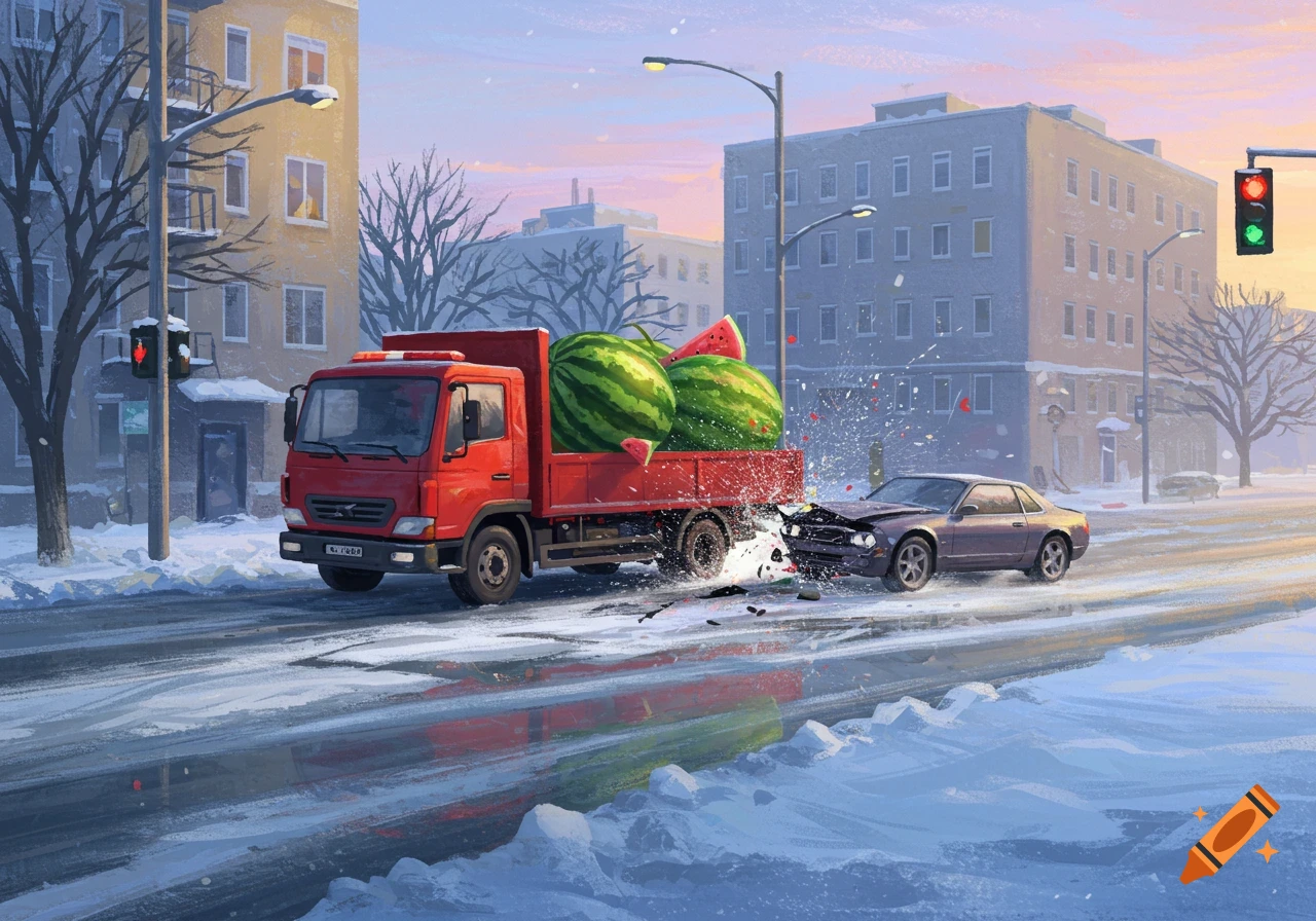 A red truck loaded with watermelons collides with a purple car at a snowy intersection, illustrated style.