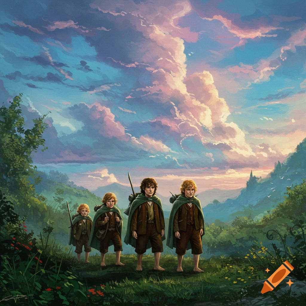 Four figures resembling hobbits walk through a fantasy landscape under dramatic clouds.