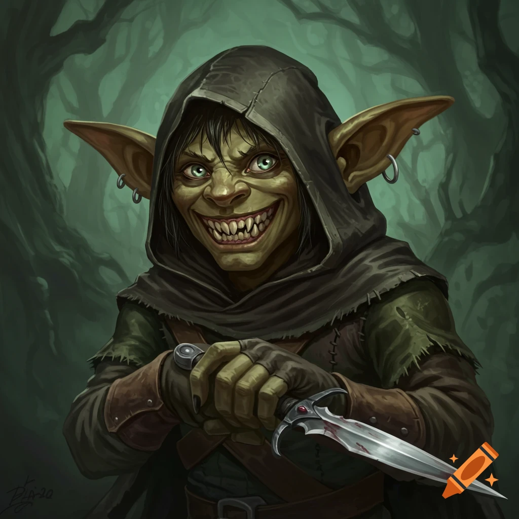 A hooded goblin rogue with a spiky smile holds a bloody knife in a dark forest.