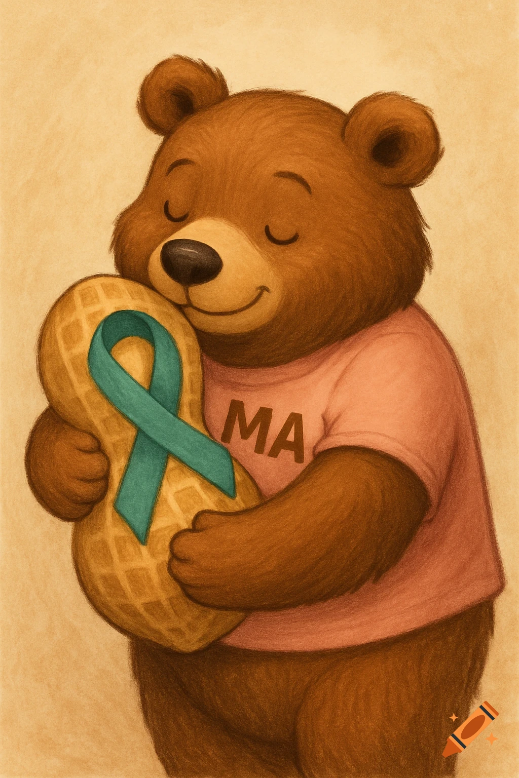 Illustration of a bear hugging a peanut with a teal ribbon, wearing a pink shirt that says 'MA'.