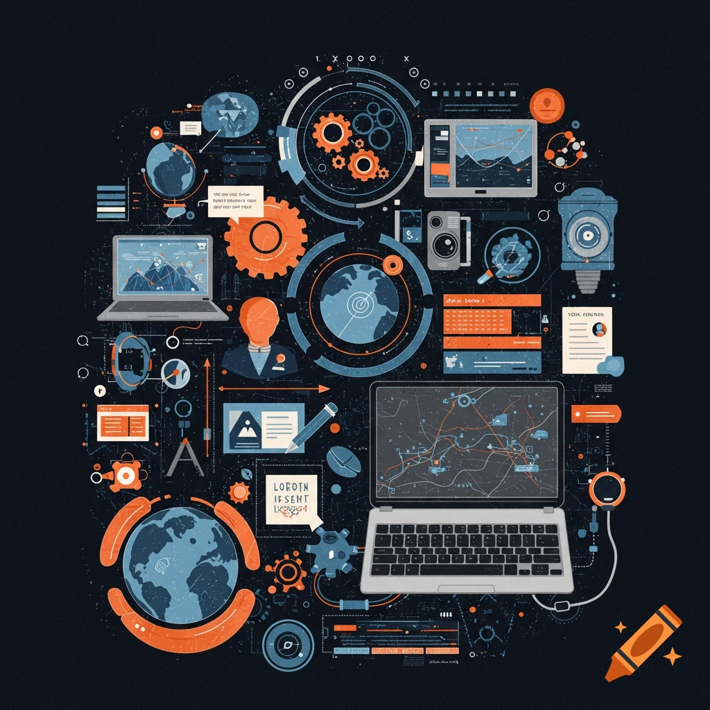 Intricate illustration of technology concepts, including laptops, globes, gears, and data displays, against a dark background.