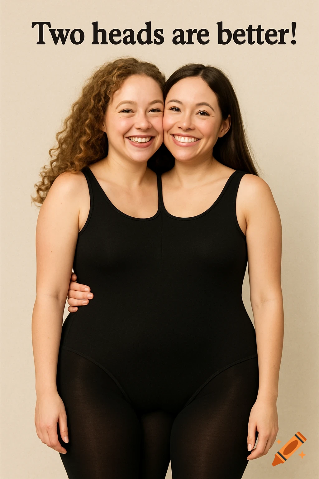 Two smiling women hug in a leotard and tights creating an illusion. Text says 'Two heads are better!'