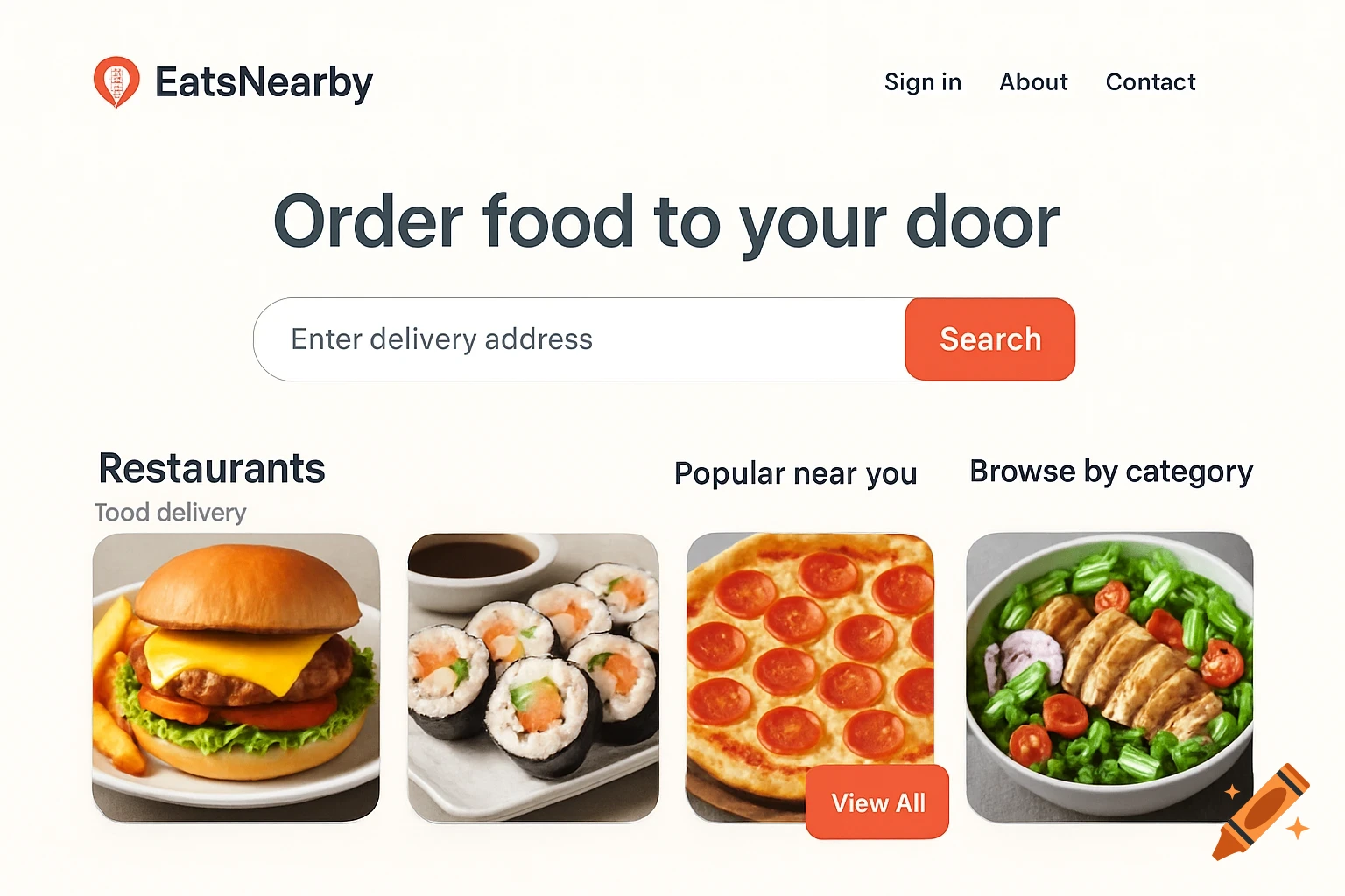 Food delivery web app homepage featuring search bar and food images.