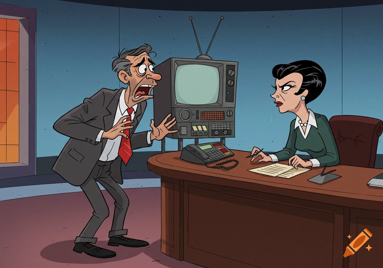 Cartoon of a frantic man pleading with a stern woman sitting at a desk with a vintage television.