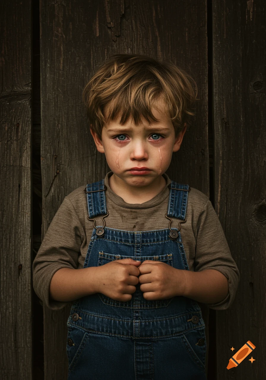 Photorealistic portrait of a solemn young boy crying against a rustic wooden wall.