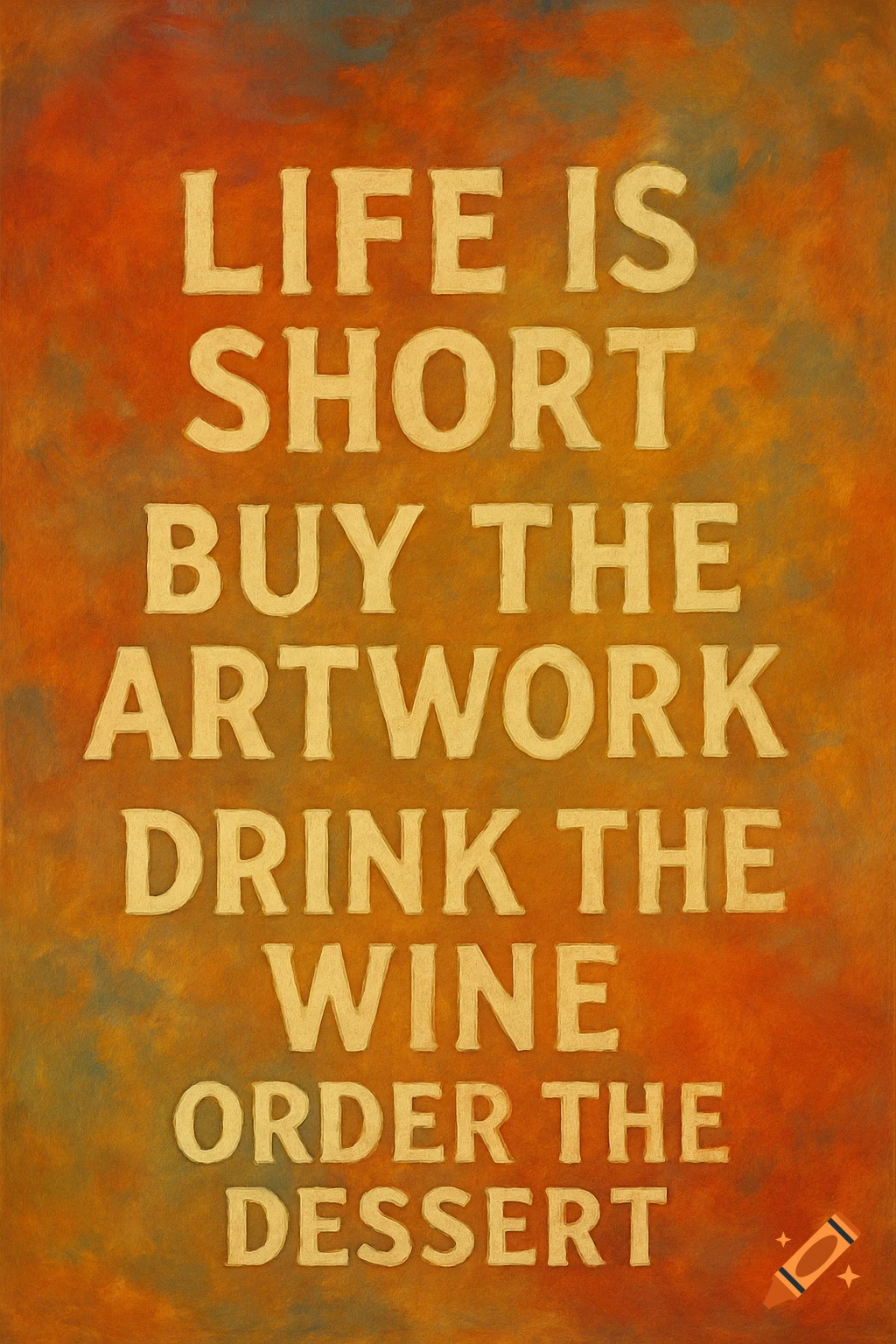 Text reads 'Life is Short Buy the Artwork Drink the Wine Order the Dessert' on an orange and yellow textured background.