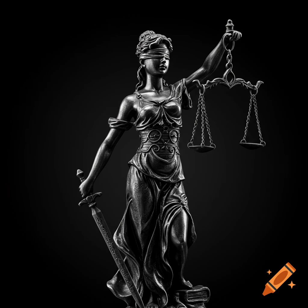 Steel statue of Themis holding scales and sword, blindfolded, on a dark background.