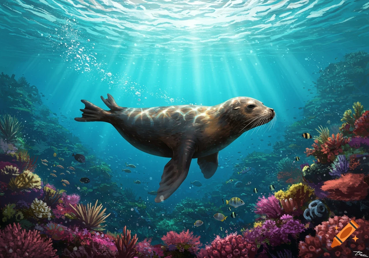 A seal swims through clear blue water above a vibrant coral reef, sunlight streaming from the surface.