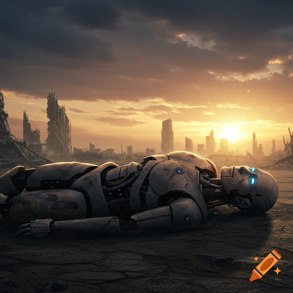 A deactivated robot lies on the ground in a ruined city at sunset.