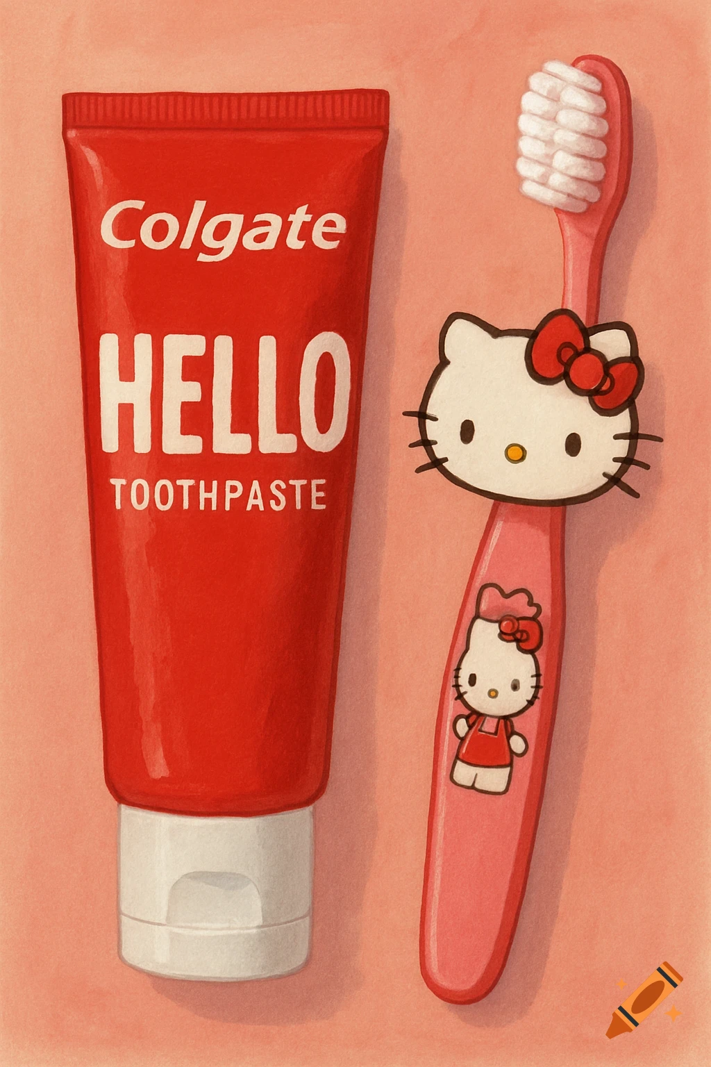 Illustration of a red Colgate Hello toothpaste tube and a pink Hello Kitty toothbrush.