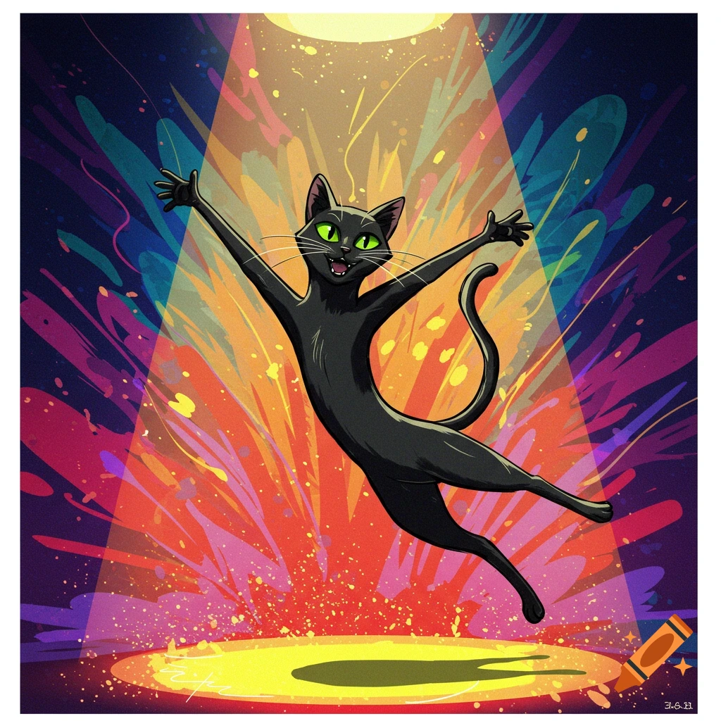 A black cat dances happily in a spotlight, with a colorful, abstract background in an illustration style.