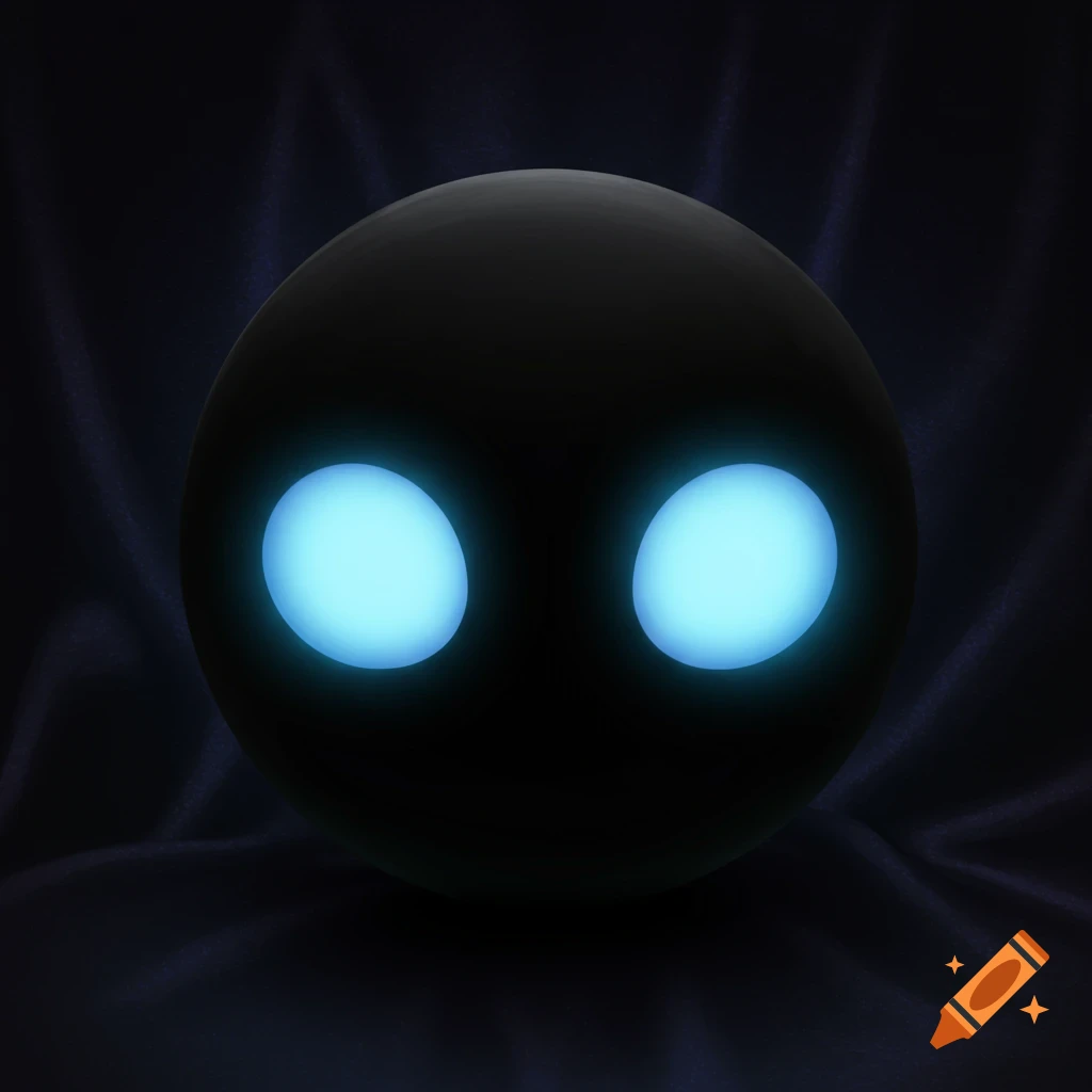 A black sphere with bright glowing blue eyes on a dark background.