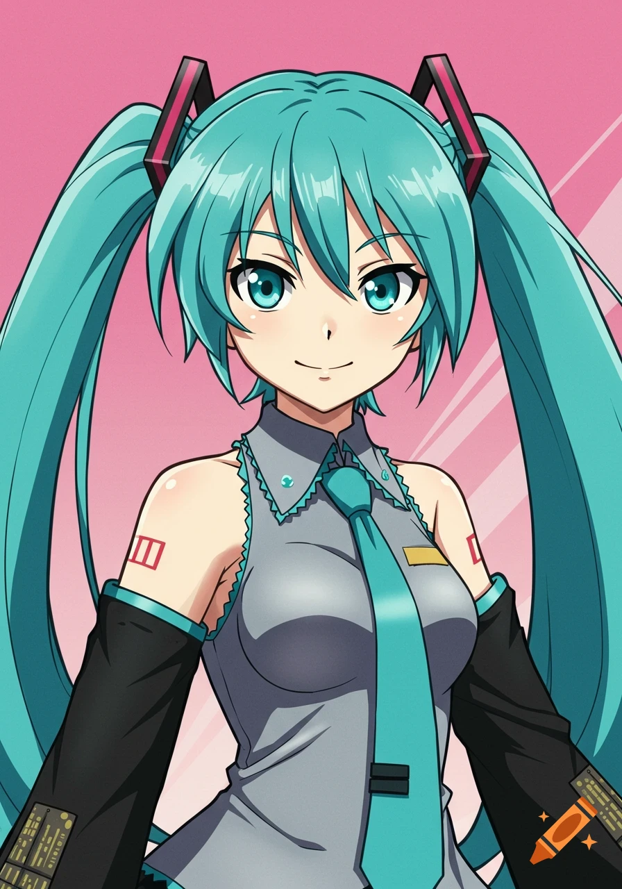 Anime portrait of Hatsune Miku with blue hair and a tie.