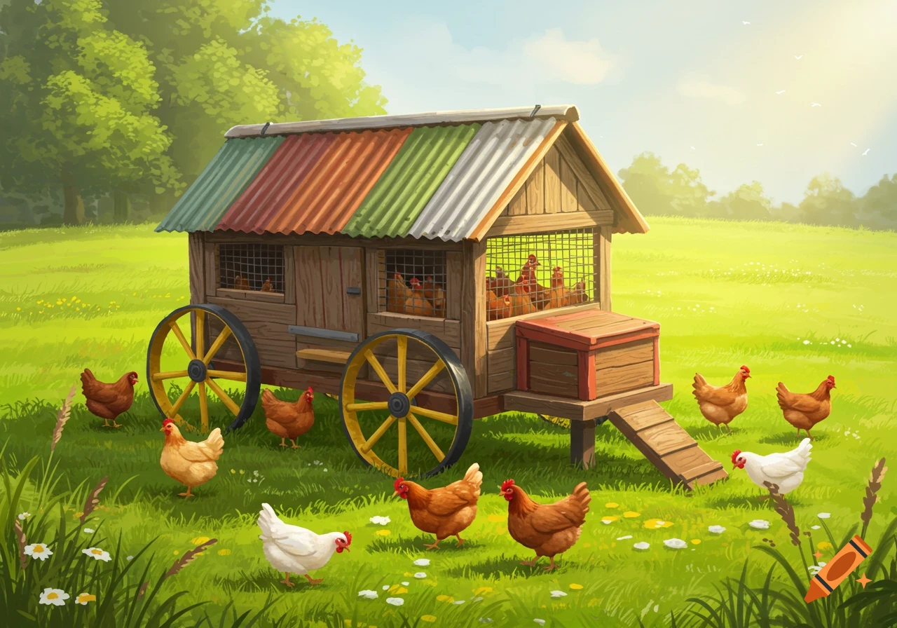 An illustration of a chicken tractor in a grassy field with many chickens around it.