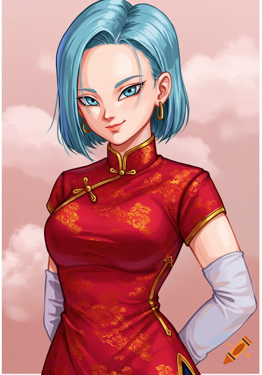 Anime girl with blue hair in a red qipao dress.