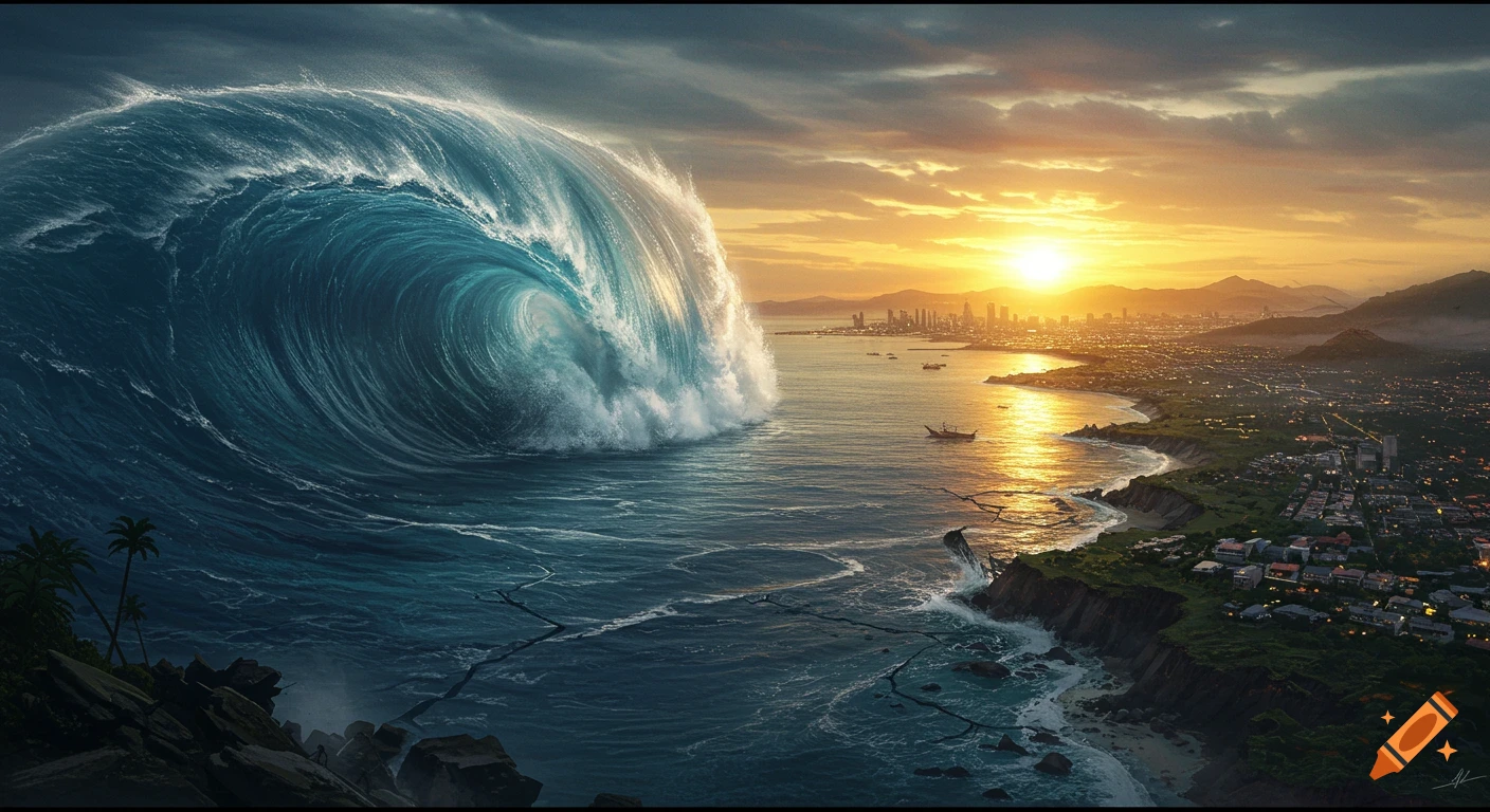 A massive tsunami wave crashes towards a coastal city at sunset.