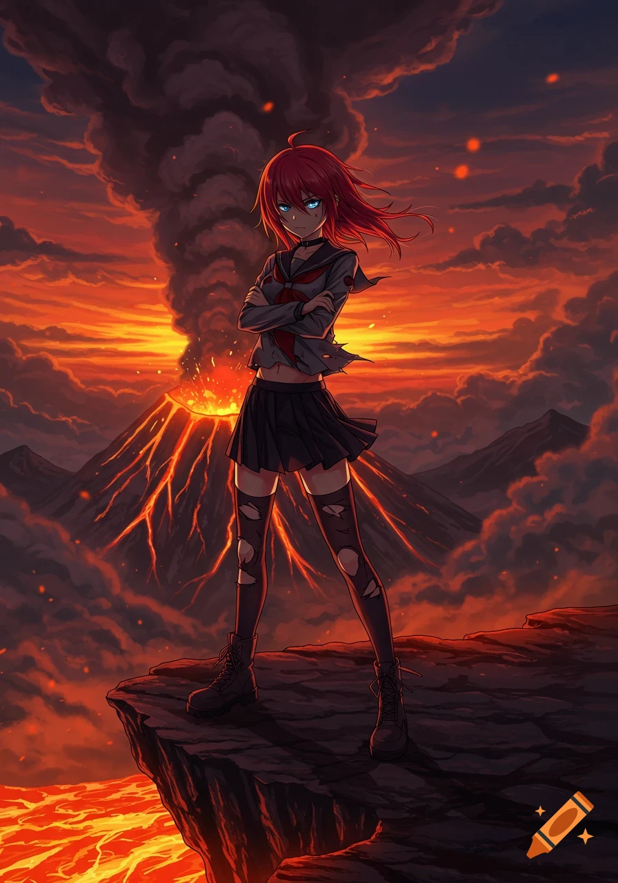 Anime girl with red hair and blue eyes, standing on a rock overlooking a volcanic eruption at sunset.