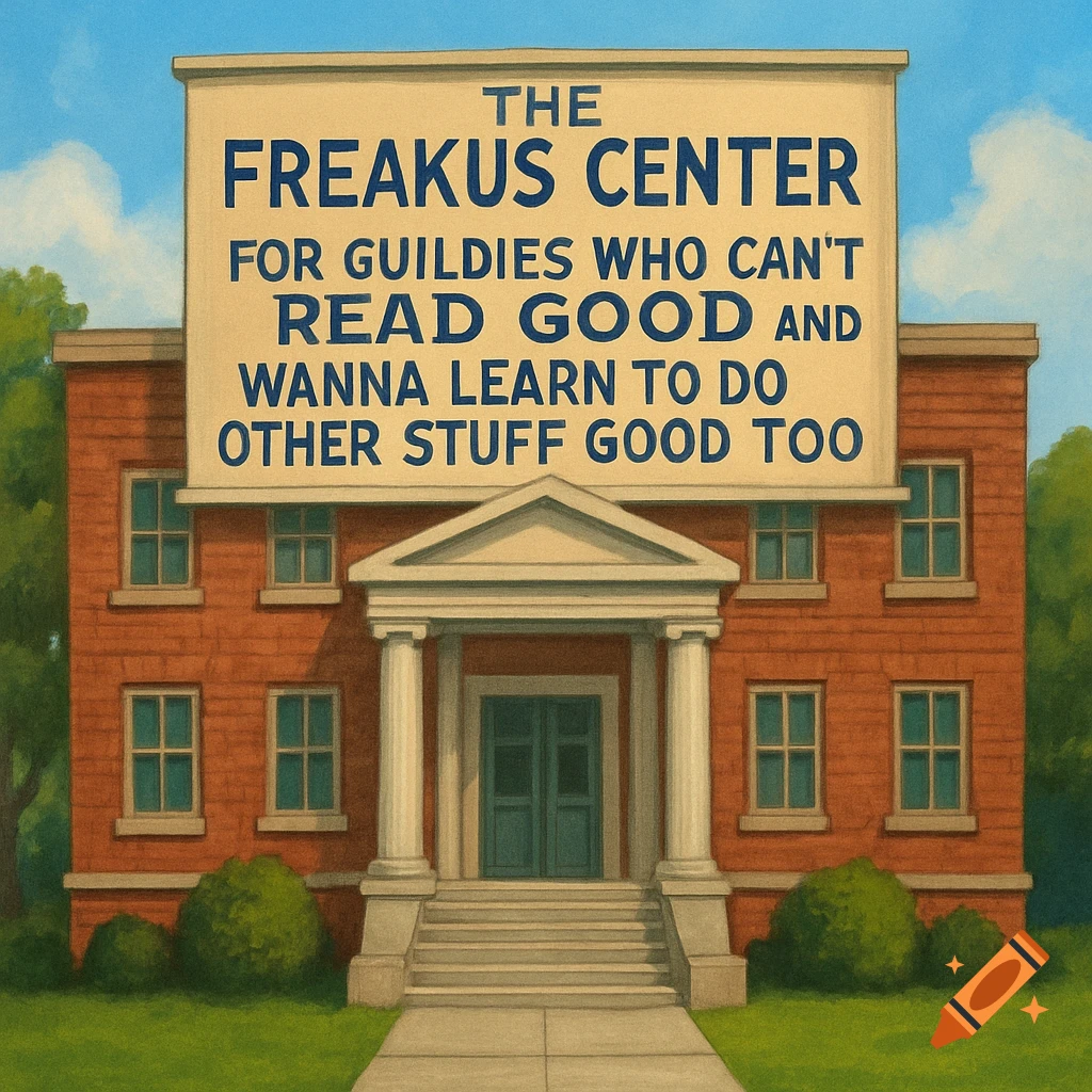 Illustration of a brick school building with a large sign that reads 'THE FREAKUS CENTER FOR GUILDIES WHO CAN'T READ GOOD AND WANNA LEARN TO DO OTHER STUFF GOOD TOO'.