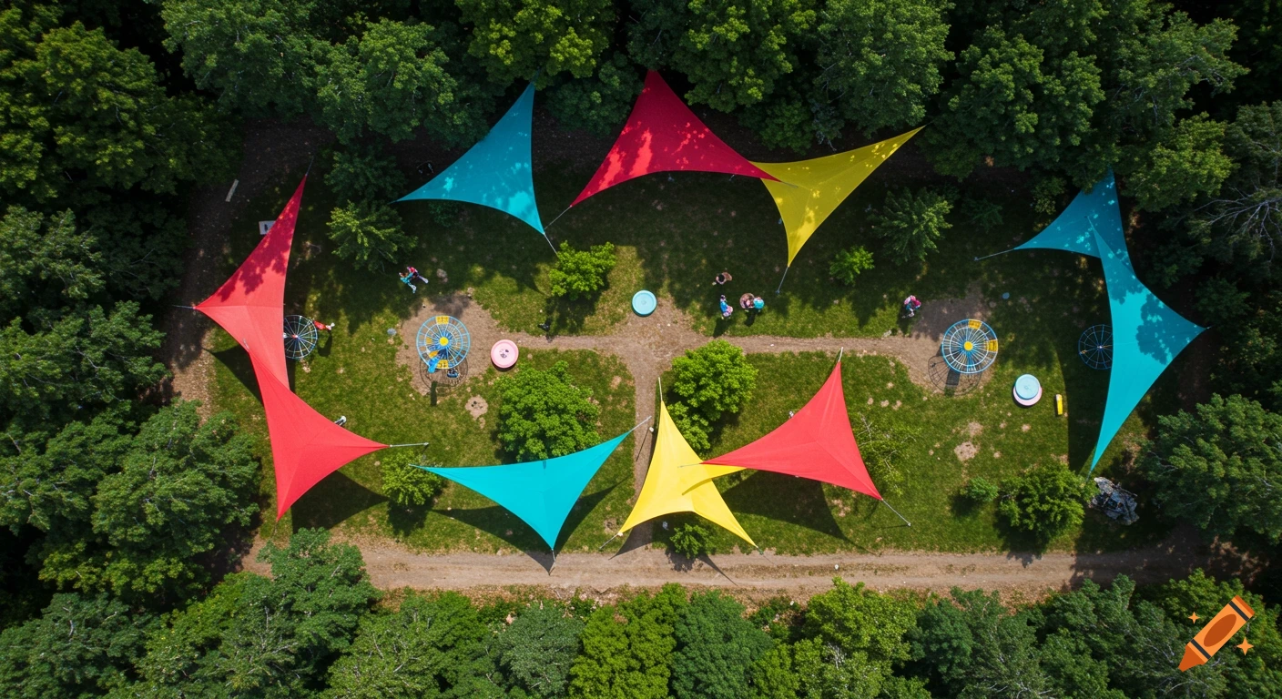 Aerial view of a park with colorful red, yellow, and blue triangular shade sails over green grass areas with people and structures.