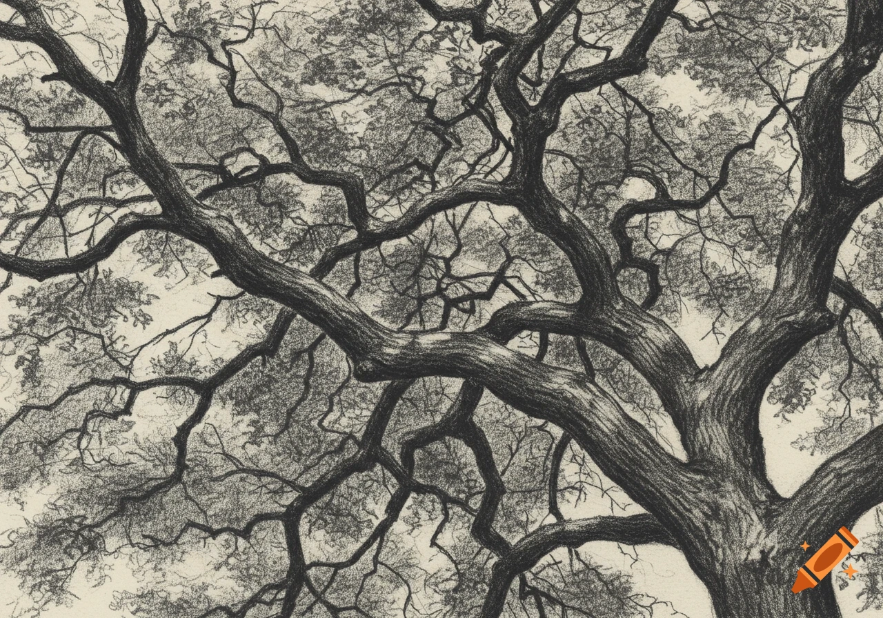 Charcoal sketch looking up into the dense branches and leaves of a tree canopy.